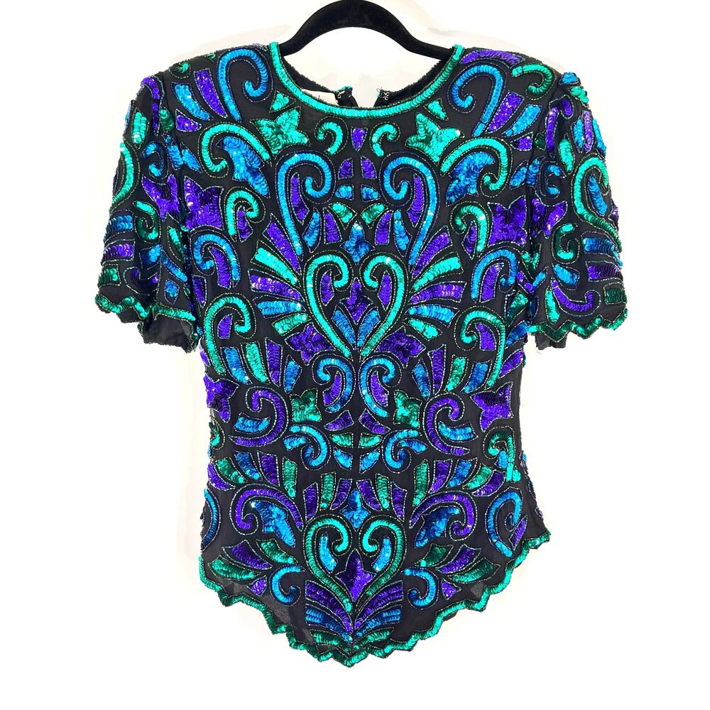 vintage sm 1980's women's Laurence Kazar sequin evening top beaded blouse SM